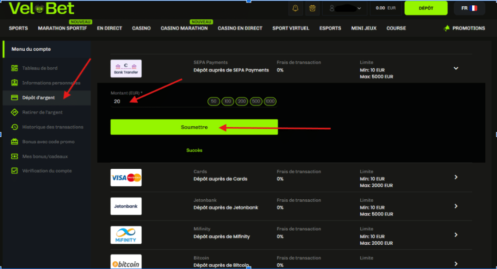 Comment fait un dé"pôt ou retrait sur Velobet 